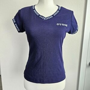 GUESS Women's Navy Blue V-Neck Top, Size Medium